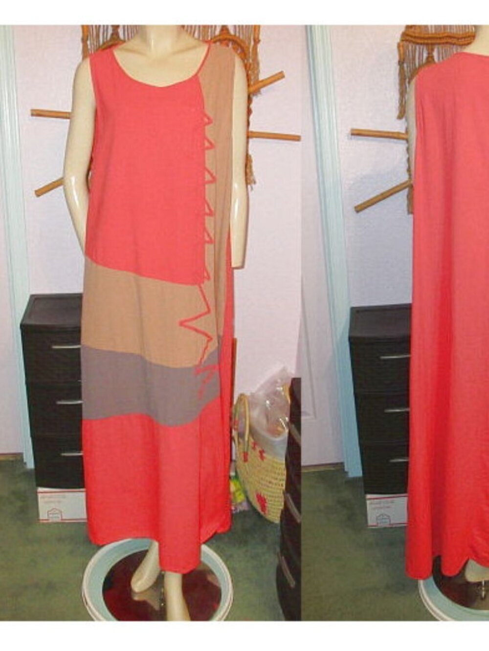 Hippie Boho Artsy Maxi Dress Size 1X Pockets Sleeveless Applique Cotton Colorful